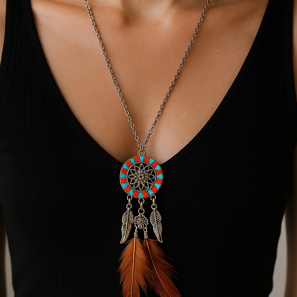 Southwest Pendant Necklace silvertone red blue stones feathers dangle 24”